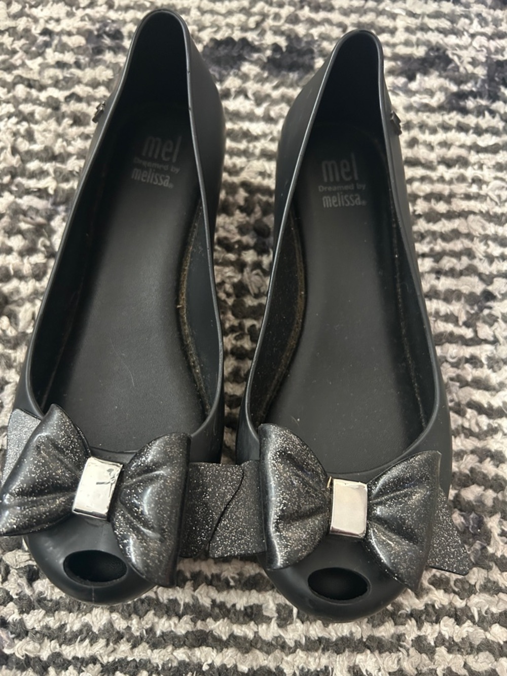 Mini Melissa Black Glitter Bow Peep-Toe Flats with Silver Accent